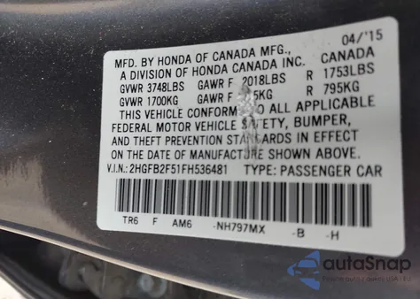 2015 Honda Civic Lx from USA, damaged, VIN 2HGFB2F51FH536481